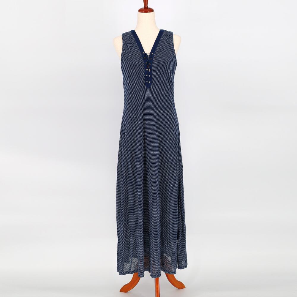 Lauren Ralph Lauren Women Navy Striped Linen Knit Lace-Up Maxi Dress Size S